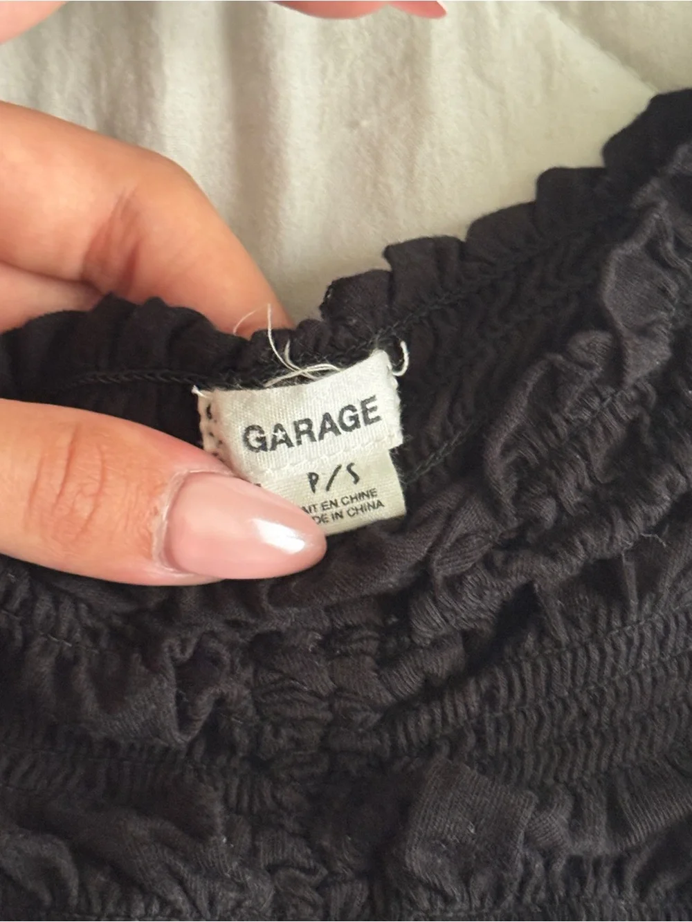 Garage Black Puff-Sleeve Smocked Crop Top with Drawstring